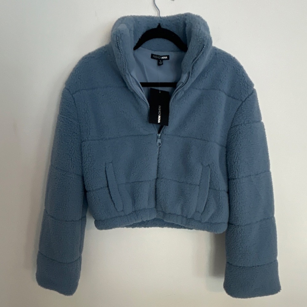 Fashion Nova NWT Women's Blue Full Zip Cropped Jacket w/ Pockets Long Sleeve S